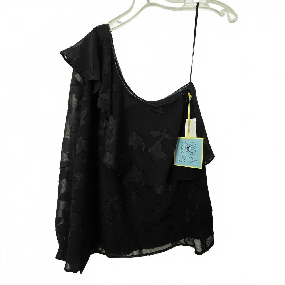 CeCe Black One-Shoulder Floral Jacquard Blouse